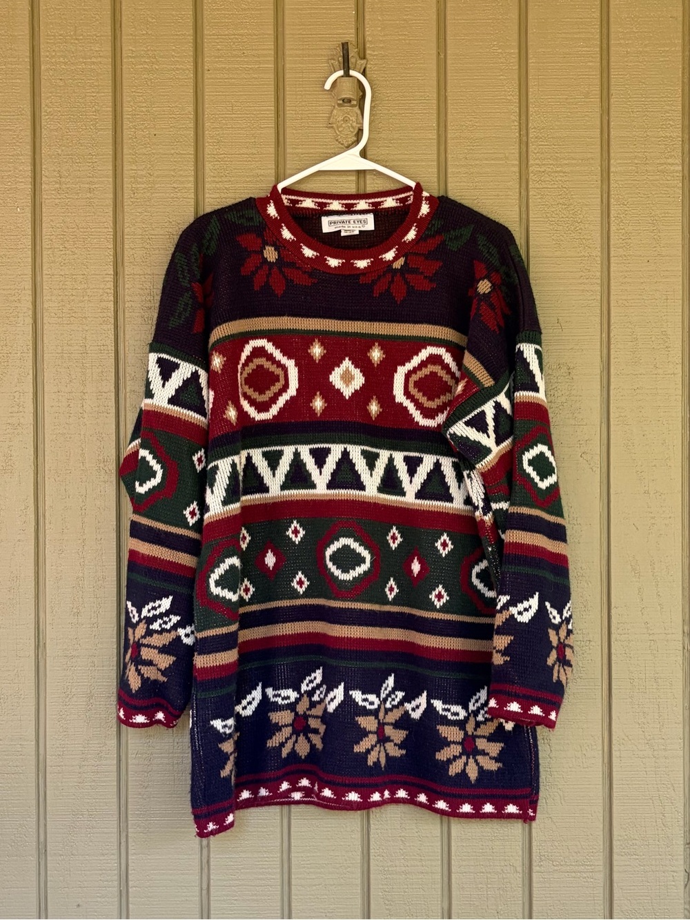 Vintage 90s Private Eyes Fair Isle Ski Sweater Large Purple Red Made in USA EUC